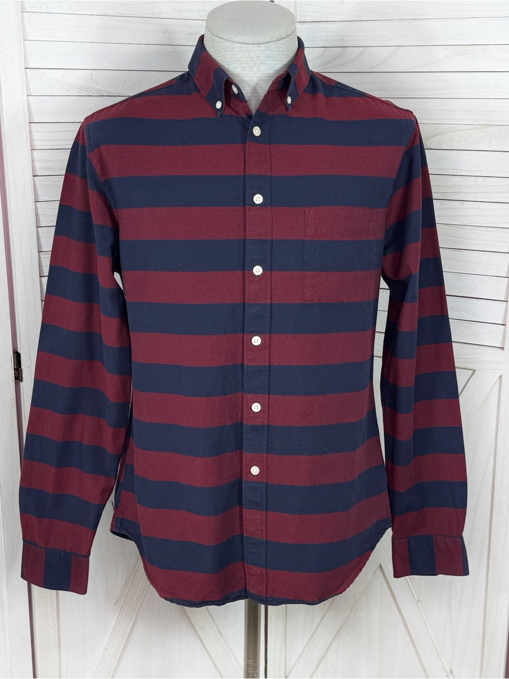 Goodfellow Rugby Stripe Button Down Oxford Shirt Navy Blue Burgundy Red Medium‎